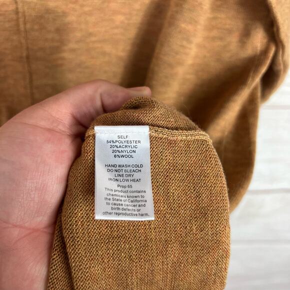 Promesa Women's Tan Mustard Wool Blend Cowlneck Fringe Back Sweater Dress - Picture 6 of 9